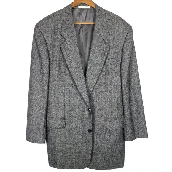 Hugo Boss 44L Long Blazer Gray Check Sport Coat Designer 100% Wool Suit Jacket