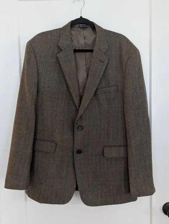 Nautica Mens 44R Blazer Beige Brown Sports Coat Elbow Patches 100% Wool Academia