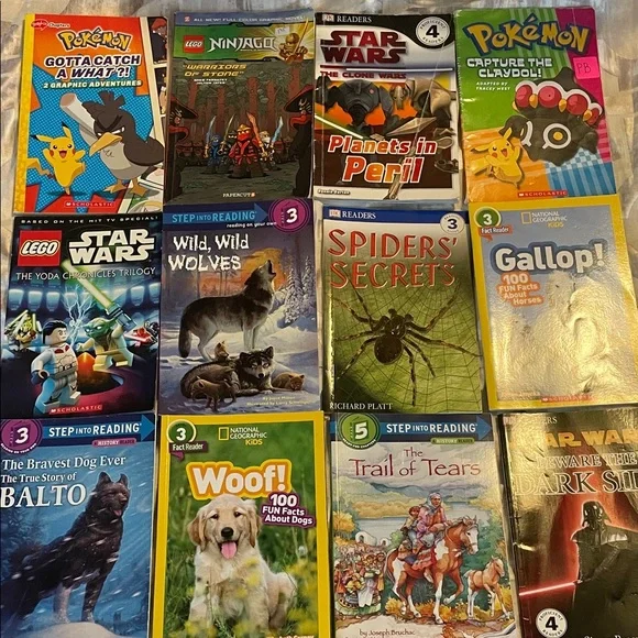 Boys Reader Book Lot: Star Wars, Lego, Pokémon, Animals, History Levels 3,4,5