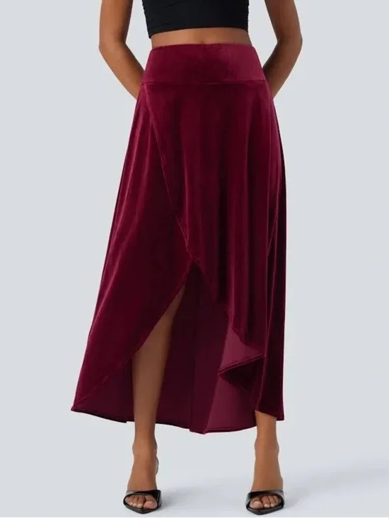 Halara Velvet High Low Crossover Maxi Skirt Built In Shorts Sangria M