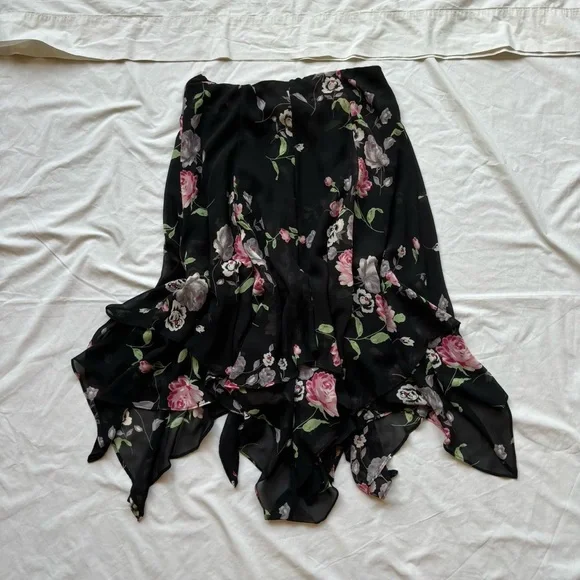 CHAPS black floral ruffle asymmetrical midi skirt handkerchief hem sheer overlay