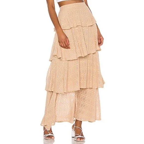 SUNDRESS  Adria Skirt in Georgette Canyon Women’s Layered Tan Maxi XS Tiered