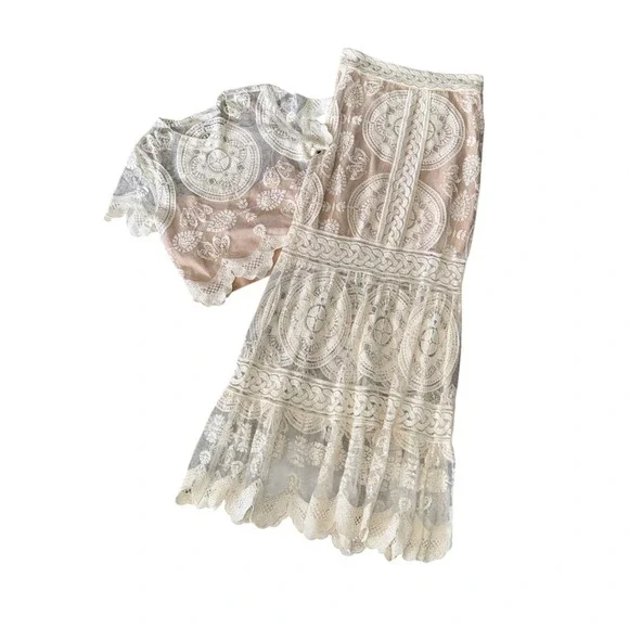 Jen's Pirate‎ Booty Lace Maxi Skirt & Top Set Women XS White Nude Excellent Boho
