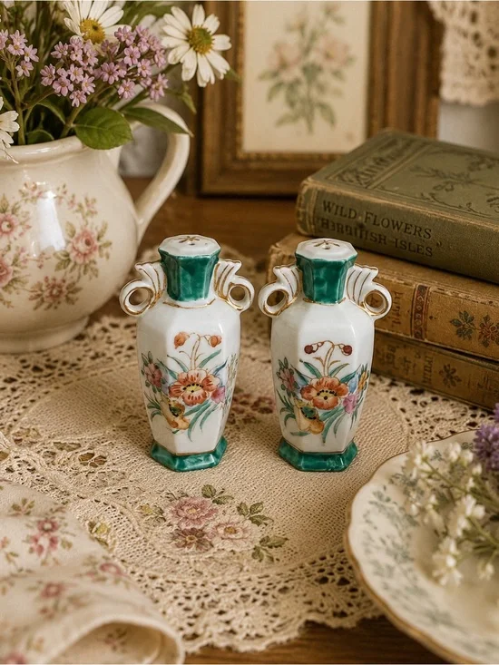 Vintage Hand Painted Porcelain Salt & Pepper Shakers Cottagecore Shabby Chic