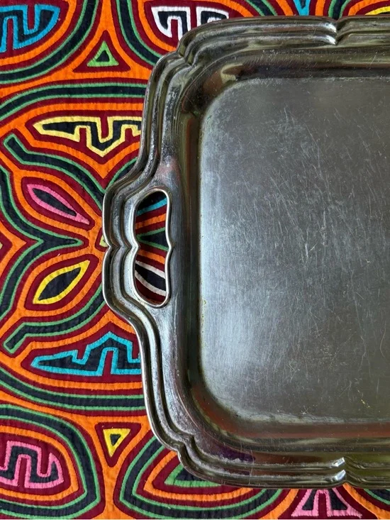 Vintage Silver Tone‎ Metal Serving Tray Ornate Handles Rectangle Vanity Tray