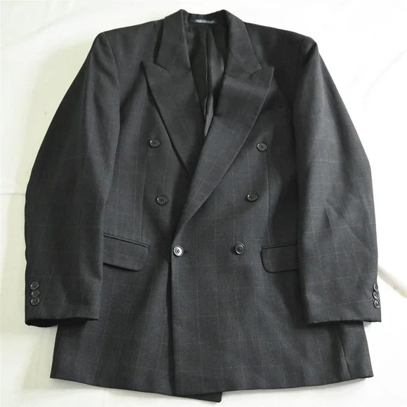 Vtg Bachrach 40L Tall Brown Windowpane Double Breasted Blazer Jacket Sport Coat‎