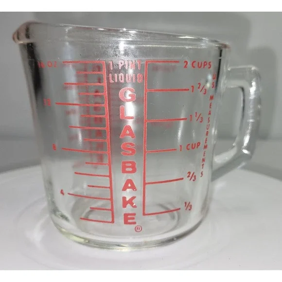 GLASBAKE‎ Red Lettering 2 Cup Glass Measuring Cup D Handle Vintage MCM