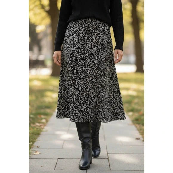 J Jill Black Floral Midi Skirt Women's XS A-Line Rayon Spandex‎ Flowy
