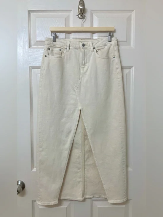 American Eagle Off White Front Slit Low Rise Denim Maxi Skirt 4 Western Cowgirl