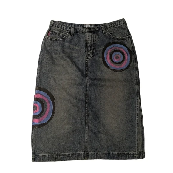 Vintage 90s Lady Enyce Denim Midi Skirt Y2K Painted Graphic Streetwear Size 8