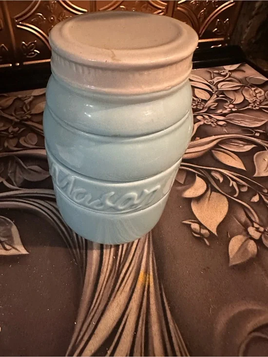 Mason Ceramic Storage Jar in Light Blue with Cream Lid
