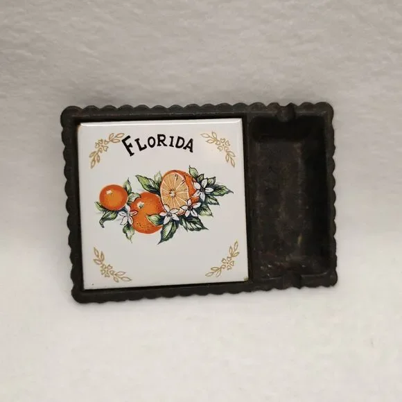 Vintage Florida Cast Iron Trivet Ceramic Tile Orange Souvenir Taiwan Decor Home