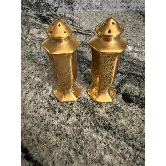 Pickard China Salt and Pepper Shakers Gold Encrusted Vintage Art Deco Set