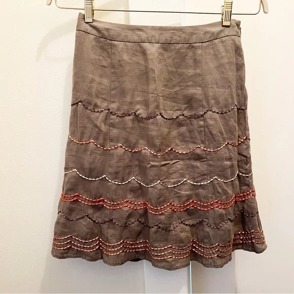Boden Taupe‎ Brown A Line Skirt Size 6R Linen Embroidered Zip Lined