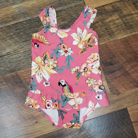 Oshkosh B'Gosh Pink Tropical Floral Parrot Print Ruffled Swimsuit, Size 9 Months