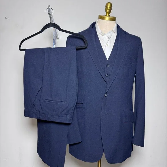 1970s‎ Sears Executive 3-Piece Suit Mens 40L W32 L33 Navy Blue Solid Vintage USA
