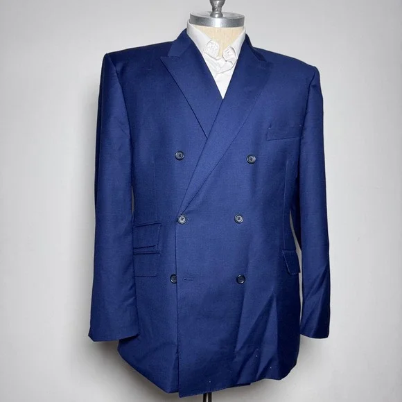 Joseph Abboud JOE Blazer Mens 46R Blue Solid Double Breasted Peak Lapel Wool