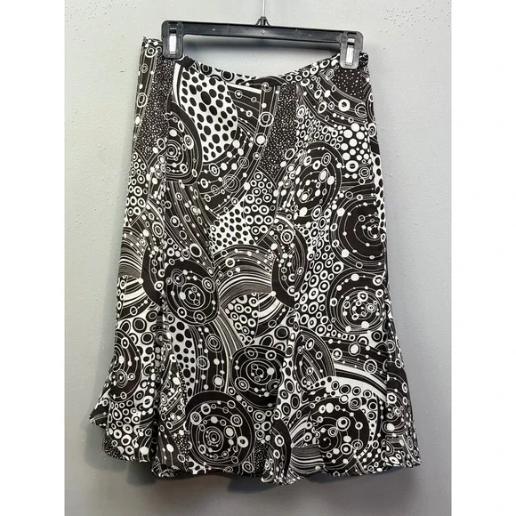 Floral Skirt Womens 8 Brown White Geometric Psychedelic A-Line‎ Flared Midi Y2K