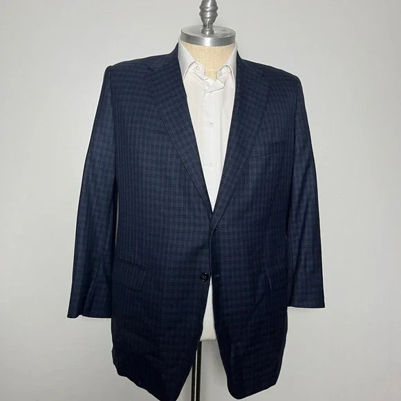 Royal Classic Blazer Mens 44L Navy Blue Plaid Two Button Notch Lapel Vintage