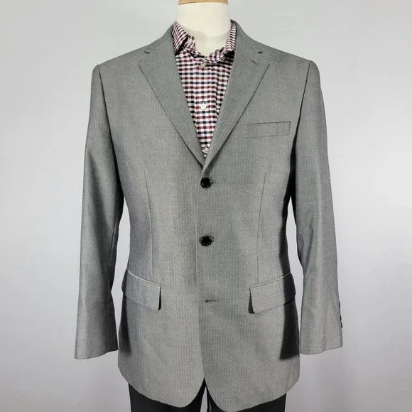 Stafford Essentials Men's Sport Coat‎ Blazer Three Button Gray Herringbone 40R