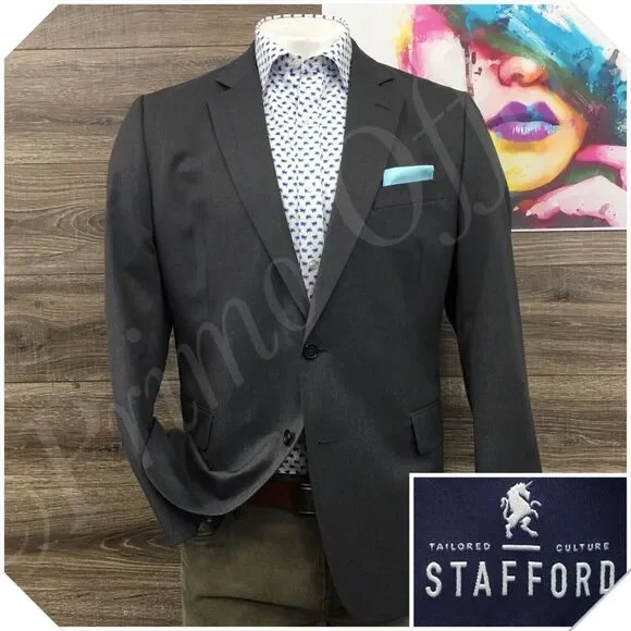 STAFFORD Mens Blazer Sport Coat Casual Jacket Size 44R Classic Gray Wool‎ Suit