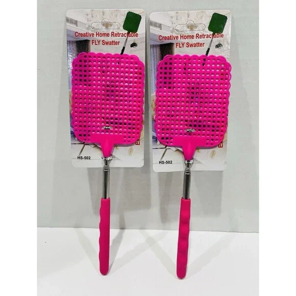2 PC PLASTIC FLY SWATTER WITH STAINLESS STEAL EXTENDABLE HANDLE PINK SET