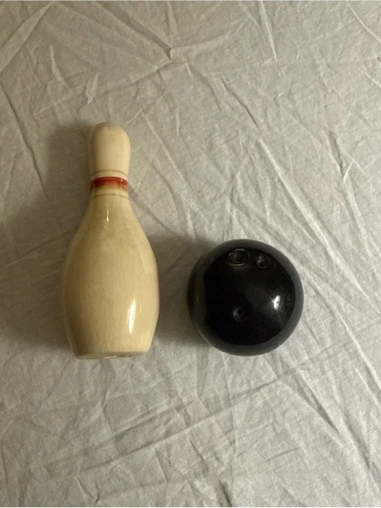 Vintage Ceramic Bowling Pin and Mini Black Bowling Ball Salt and Pepper Shakers