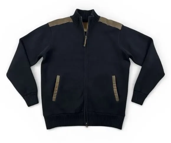 North River Sweater Jacket Mens M Full Zip Black Beige Suede Shoulder Lined