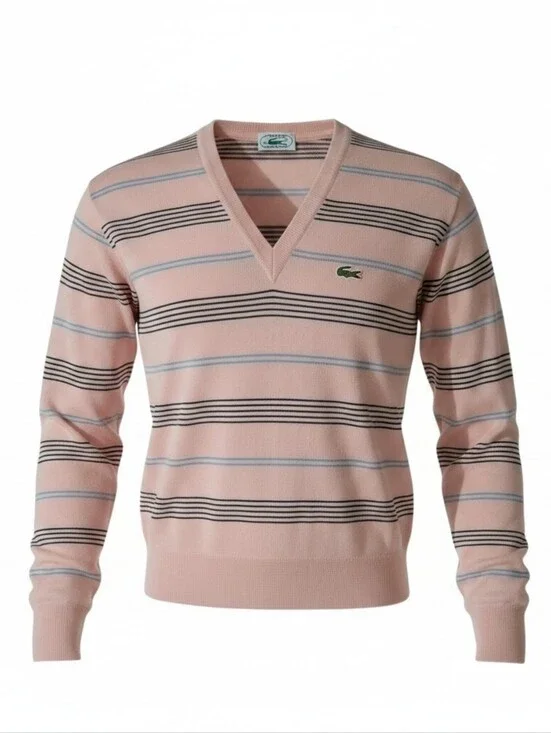 NOS Deadstock Vintage Men's Izod Lacoste Pink Grey Blue Stripe V-Neck Sweater