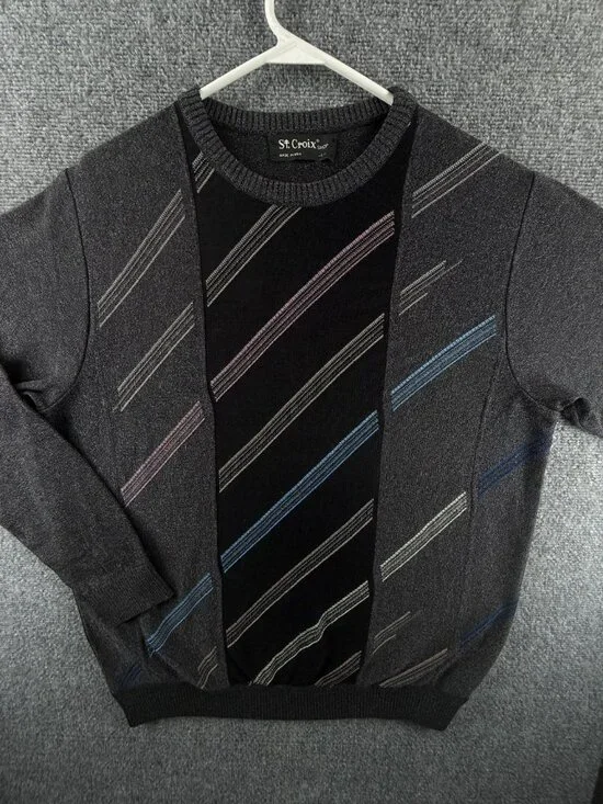 NWOT NOS St. Croix Gray Black Sweater 90s Large USA Cotton Blend Diagonal Stripe