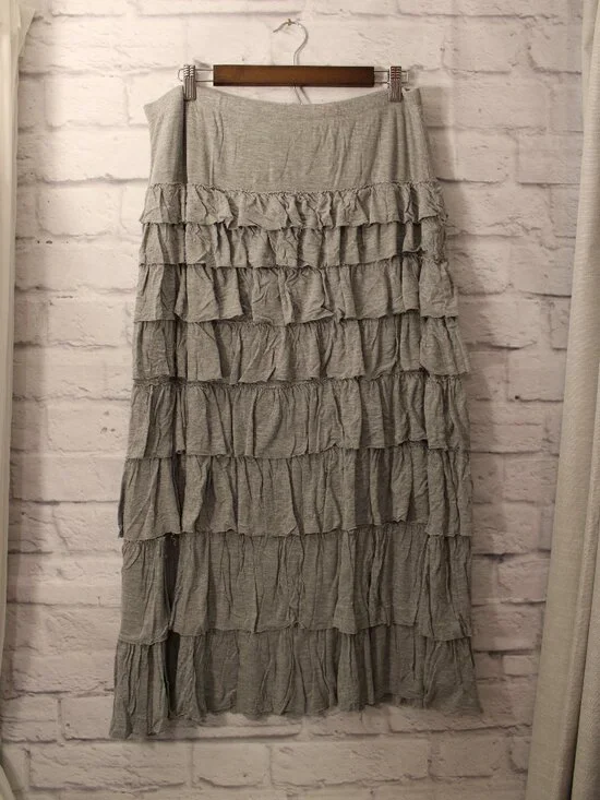 Soft Surroundings Gray Midi Skirt Layered Ruffle Pull On Fall Casual Boho Spring