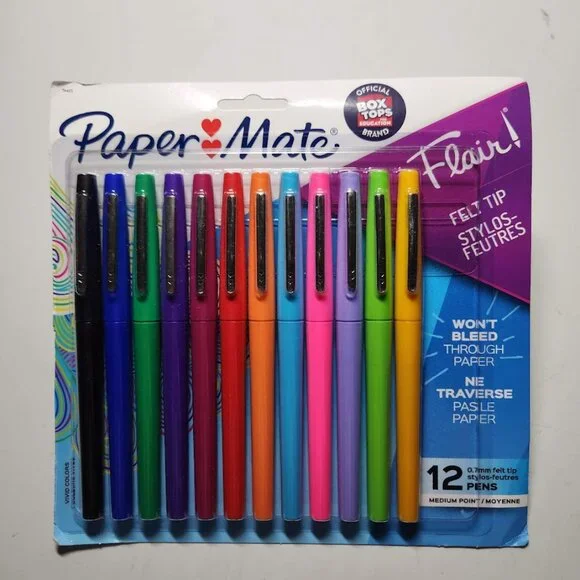 Paper Mate Flair Felt Tip Pens Medium Point (0.7mm) 12 count Markers New Ink col