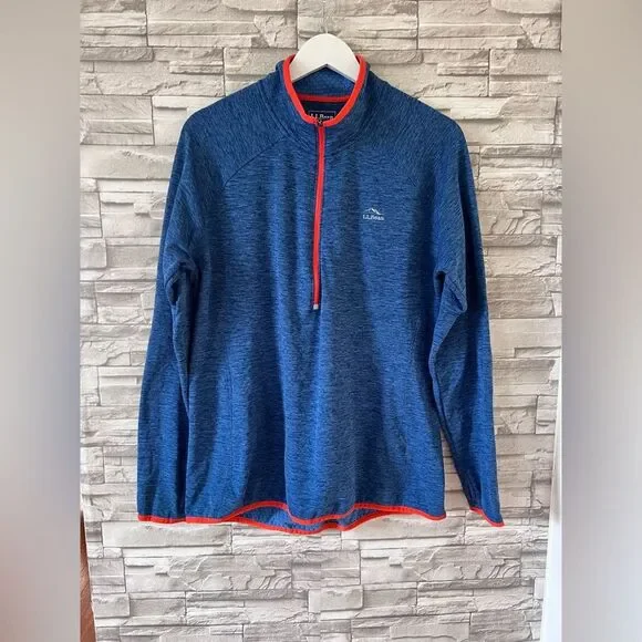 L.L Bean Men’s Adventure Grid Fleece Quarter Zip Blue Orange Accent Pullover L