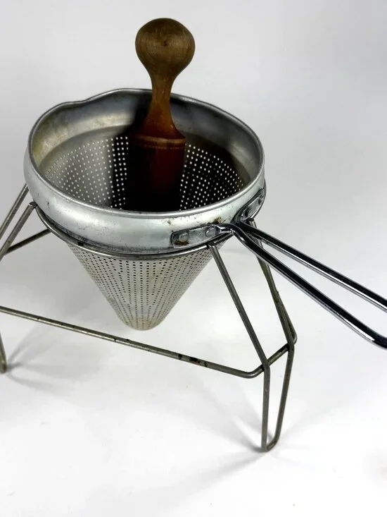 Vintage Cone Fruit Vegetable Strainer Colander Wood pestle Food Sieve Aluminum