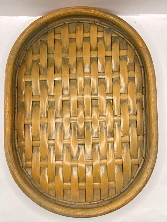 Vintage Bamboo Rattan Serving Tray Oval Woven Boho Coastal Decor 16.5”