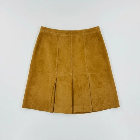 Y2K LOFT Petites Suede Leather A-Line Mini Skirt Camel Brown Zip Back Panel 6P‎