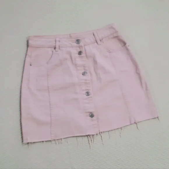 Blue Blush Light Pink Cotton Skirt Button Front Frayed Hem Size Medium