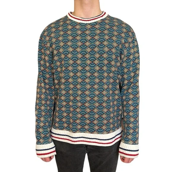 Zara Men's Blue Red Geometric Print Striped Cuffs Cotton Terry Sweater