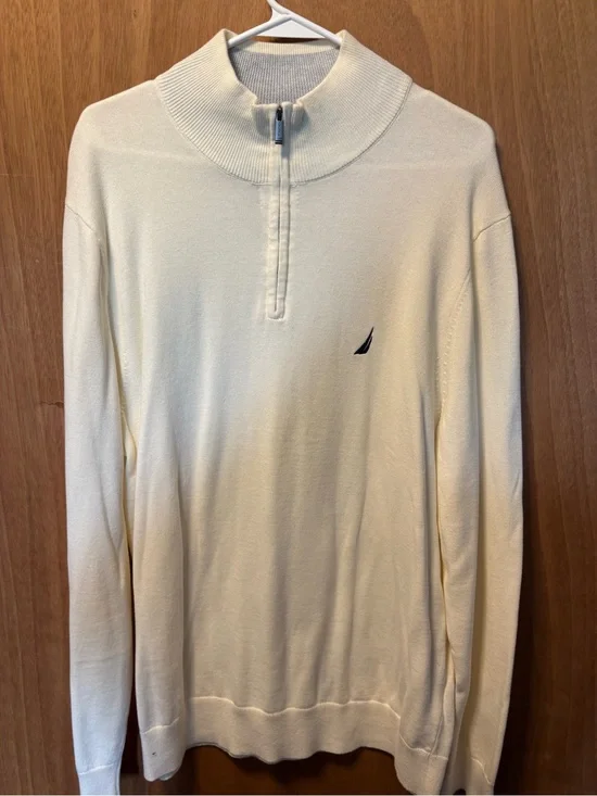 Nautica Cream Half-Zip Pullover Sweater with Navy Logo