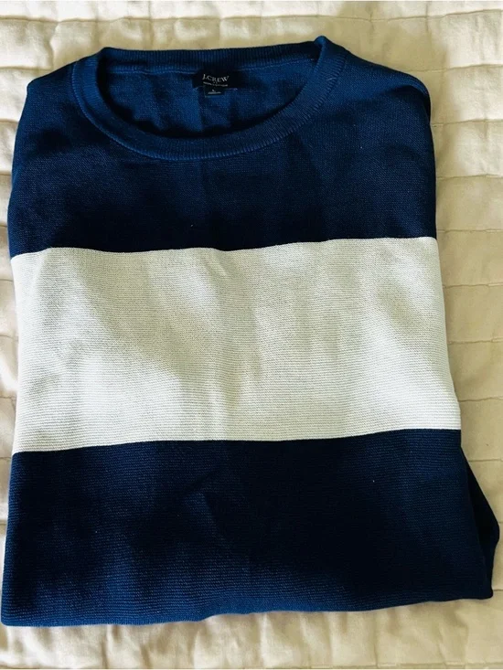 J. Crew Navy Crewneck Sweater with White Chest Stripe 100% Cotton Men L