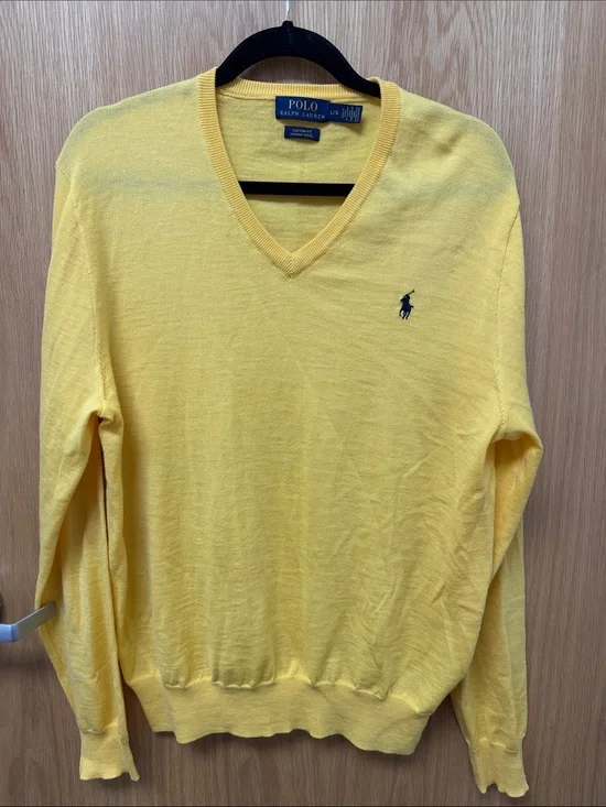 Polo by Ralph Lauren Preppy Yellow V-Neck Sweater with 100% Merino Wool size L