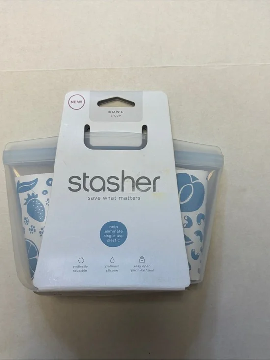 Stasher 2-Cup Reusable Silicone Bowl Food Storage Bag 16 oz Blue White