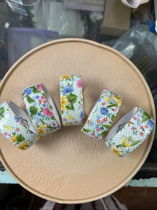 Vintage Two’s Company Floral Porcelain Napkin Rings - Set of 5