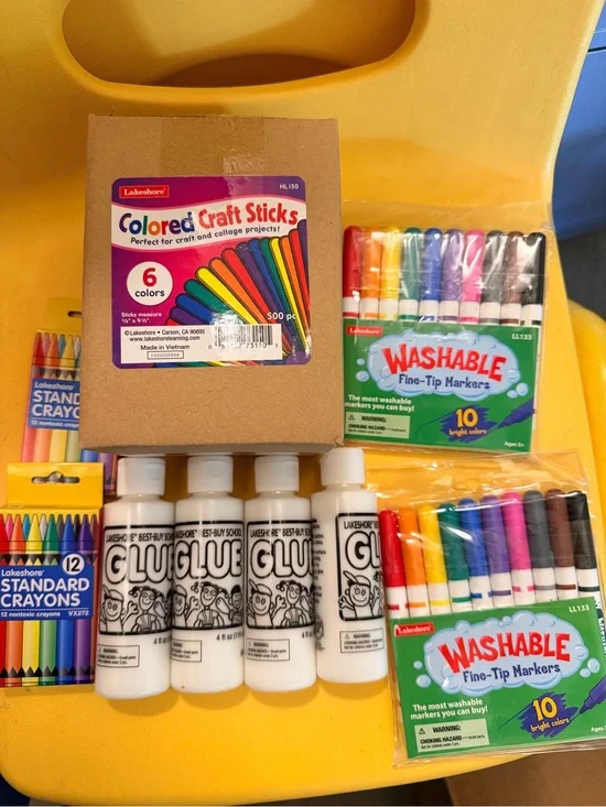 Multicolor Party Craft Pack with Colored Craft Sticks, Washable Markers & Glue