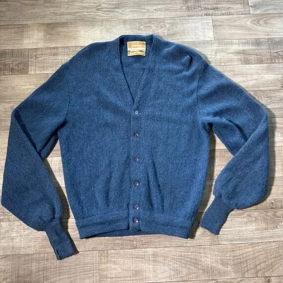 Jantzen Vintage Mens L Blue Marl Knit Button Front Cardigan Sweater Made in USA