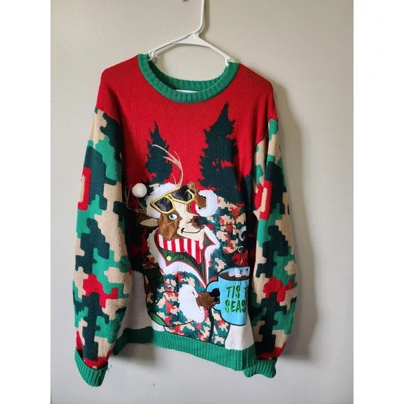 Celebrate Together Reindeer Ugly Christmas Sweater XXL Red Green Camo Tis Season