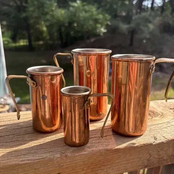 4 Vtg Copper Brass Handle Tall Stacking Measuring Liquid Cups Rustic Farmhouse
