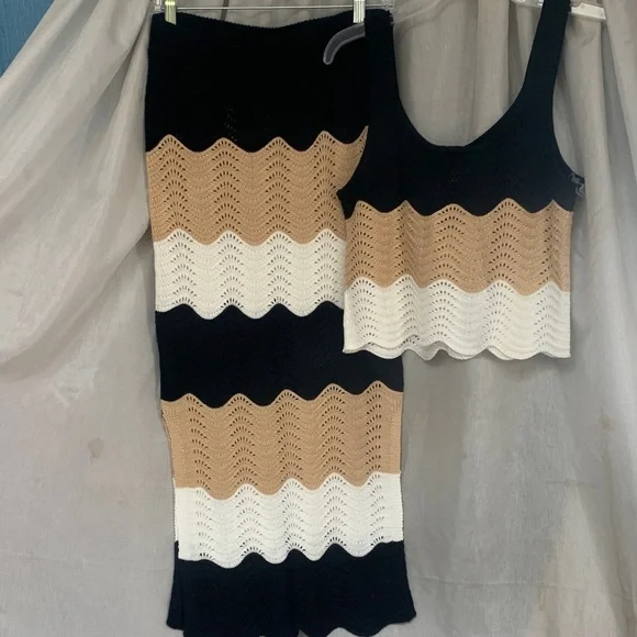 Black, Cream & White Knit Midi Skirt - Women's