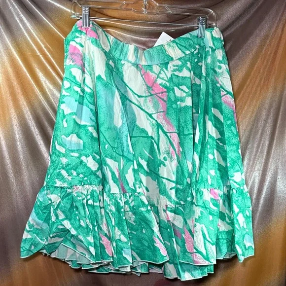 Green Abstract Print‎ Ruffle Hem square dancing circle Skirt. C3