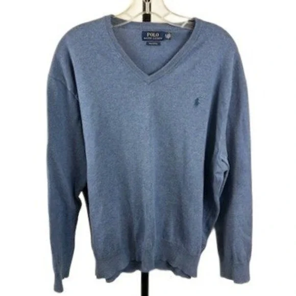 Polo Ralph Lauren Sweater Men's Size XL Blue‎ 100% Pima Cotton V-Neck